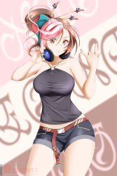 Rule 34 | 1girl, alternate hairstyle, black shirt, black shorts, blurry, blurry background, breasts, brown eyes, brown hair, closed mouth, collarbone, cowboy shot, eyes visible through hair, headphones, headphones around neck, heterochromia, high ponytail, highres, kimmy77, large breasts, long hair, looking at viewer, midriff, multicolored hair, nail polish, neo politan, o-ring, pink eyes, pink hair, purple nails, rwby, shirt, short shorts, shorts, sleeveless, sleeveless shirt, smile, solo, split-color hair, standing, two-tone hair, watermark