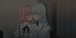 Rule 34 | 2girls, black bow, black necktie, blue eyes, blush, bow, chihuri, closed mouth, collared shirt, commentary request, dress shirt, earrings, eye contact, grey hair, grey vest, hair between eyes, highres, indoors, jacket, jewelry, long hair, looking at another, multiple girls, necktie, nose blush, original, parted lips, pink hair, purple eyes, shirt, smile, stud earrings, sweat, upper body, vest, white jacket, white shirt, yuri