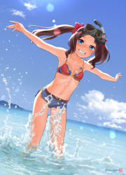 Rule 34 | 1girl, bikini, blue eyes, blue shorts, blue sky, breasts, brown hair, cloud, commentary request, day, diving mask, dutch angle, fate/grand order, fate (series), forehead, goggles, grin, highres, horizon, leonardo da vinci (fate), leonardo da vinci (swimsuit ruler) (fate), long hair, looking at viewer, mismatched bikini, mu-pyon, ocean, outdoors, parted bangs, red bikini, short shorts, shorts, sky, small breasts, smile, snorkel, soaking feet, solo, splashing, swimsuit, wading