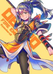 Rule 34 | 1girl, armor, blue hair, boots, brown eyes, closed mouth, fire emblem, fire emblem fates, hairband, holding, holding lance, holding polearm, holding weapon, japanese armor, japanese clothes, lance, long hair, nintendo, oboro (fire emblem), polearm, ponytail, ribbon, smile, solo, weapon, yasubaru