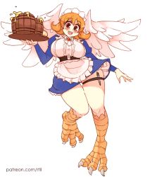 Rule 34 | 1girl, :d, apron, blush, breasts, brown eyes, dirndl, dress, feathered wings, flipped hair, frills, german clothes, harpy, ishuzoku reviewers, juliet sleeves, large breasts, long sleeves, looking at viewer, maid headdress, meidri, monster girl, open mouth, orange hair, pen, puffy sleeves, rtil, short hair, smile, solo, thick thighs, thigh gap, thigh strap, thighs, wings