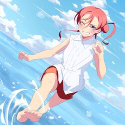 Rule 34 | 1girl, barefoot, blue eyes, blue sky, blush, clenched teeth, cloud, collared shirt, commentary request, dutch angle, hair between eyes, hair bun, highres, kicking, looking at viewer, love live!, love live! superstar!!, medium hair, one eye closed, outdoors, red hair, red shorts, repurika, shirt, shorts, sidelocks, single side bun, sky, sleeveless, sleeveless shirt, smile, solo, teeth, upper body, v-shaped eyebrows, water, white shirt, yoneme mei