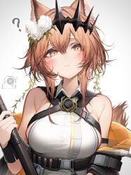 Rule 34 | 1girl, ?, absurdres, animal ears, arknights, armpit crease, bare shoulders, black jacket, black tiara, blush, breasts, brown eyes, brown hair, cat ears, cat girl, chest strap, closed mouth, collared shirt, commentary request, double-parted bangs, flower, hair between eyes, hair flower, hair ornament, highres, holding, holding polearm, holding weapon, jacket, large breasts, looking at viewer, off shoulder, polearm, rose, shirt, short hair with long locks, sideboob, simple background, sleeveless, sleeveless shirt, slit pupils, solo, tab head, tiara, upper body, vendela (arknights), weapon, white background, white flower, white rose, white shirt
