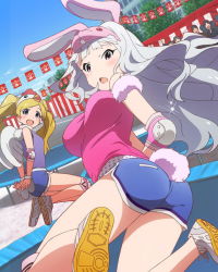 Rule 34 | 10s, 2girls, animal ears, artist request, blonde hair, emily stewart, emily stuart, fake wings, gym shorts, idolmaster, idolmaster (classic), idolmaster million live!, long hair, multiple girls, official art, pink hair, rabbit ears, rabbit tail, shijou takane, shorts, silver hair, tail, twintails, wings