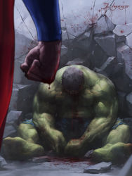 Rule 34 | 2boys, after battle, barefoot, bleeding, blood, bloody fist, cape, clenched hand, colored skin, crater, crossover, dc comics, defeat, destruction, epic, feet, green skin, highres, hulk, jee-hyung lee, marvel, multiple boys, superman, torn clothes