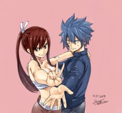 Rule 34 | 1boy, 1girl, 2019, bandages, breasts, brown eyes, cleavage, dated, erza scarlet, fairy tail, jellal fernandes, large breasts, long hair, looking at viewer, mashima hiro, official art, ponytail, red hair, smile, tagme, tattoo, v