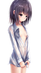 Rule 34 | 1girl, bad id, bad pixiv id, black eyes, black hair, breasts, highres, missile228, naked shirt, open clothes, open shirt, original, see-through, shirt, simple background, small breasts, solo, wet, wet clothes, wet shirt, white background, white shirt