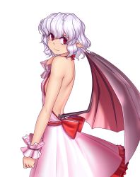 Rule 34 | 1girl, alternate costume, backless dress, backless outfit, bare arms, bare back, bare shoulders, bat wings, commentary, cowboy shot, dress, frilled skirt, frills, from side, hand on own chest, hater (hatater), highres, light purple hair, looking at viewer, low wings, no headwear, no headwear, pointy ears, red eyes, red ribbon, remilia scarlet, ribbon, short hair, shoulder blades, simple background, skirt, smile, solo, touhou, wavy hair, white background, wings, wrist cuffs