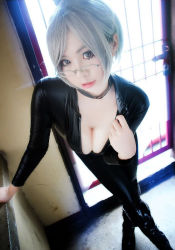 Rule 34 | 1girl, actress request, arm support, asian, black bodysuit, black footwear, blue eyes, bodysuit, boots, breasts, cleavage, color contacts, cosplay, dutch angle, glasses, indoors, large breasts, leaning forward, looking at viewer, looking over eyewear, photo (medium), prison school, shiraki meiko, shiraki meiko (cosplay), short hair, silver hair, solo, standing