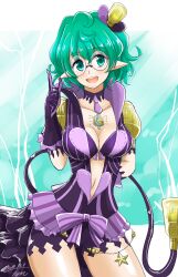 Rule 34 | 1girl, :d, bra, breasts, cleavage, core crystal (xenoblade), glasses, gloves, green eyes, green hair, highres, hisin, jacket, large breasts, looking at viewer, navel, open mouth, pandoria (xenoblade), pointy ears, purple bra, purple gloves, purple jacket, purple shorts, round eyewear, short hair, shorts, smile, solo, tail, underwear, xenoblade chronicles (series), xenoblade chronicles 2