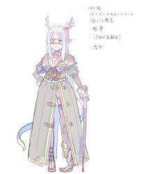 Rule 34 | 1girl, absurdres, amputee, antlers, blue eyes, breasts, cane, character sheet, cleavage, cloak, closed mouth, enkyo yuuichirou, eyepatch, flower, full body, gloves, hand on own hip, highres, holding, horn flower, horns, large breasts, long hair, looking at viewer, mole, mole on breast, one eye covered, orange flower, orange rose, original, parted bangs, pigeon-toed, pointy ears, prosthesis, prosthetic leg, rose, simple background, solo, standing, tail, translation request, white background