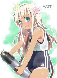 Rule 34 | 10s, 1girl, ^^^, absurdres, aqua eyes, bare shoulders, between legs, blonde hair, blush, character name, crop top, female masturbation, flower, hair flower, hair ornament, hayasit, highres, kantai collection, long hair, masturbation, masturbation through clothes, one-piece swimsuit, one-piece tan, open mouth, outline, pussy juice, ro-500 (kancolle), school swimsuit, school uniform, serafuku, solo, surprised, swimsuit, swimsuit under clothes, tan, tanline, tareme, torpedo, wars-ma, wet