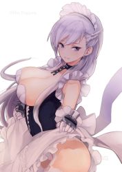 Rule 34 | 1girl, azur lane, bad id, bad twitter id, bare shoulders, belfast (azur lane), blue eyes, braid, breasts, chain, cleavage, clothes lift, dress, dress lift, french braid, garter straps, gloves, highres, holding, holding clothes, holding skirt, kigawa rin, large breasts, long hair, looking at viewer, maid, maid headdress, parted lips, silver hair, skirt, smile, solo, white background