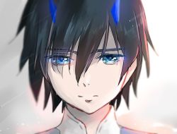 Rule 34 | 10s, 1boy, black hair, blue eyes, blue horns, commentary request, darling in the franxx, eyes visible through hair, futami (futamito), hiro (darling in the franxx), horns, male focus, oni horns, portrait, short hair, solo