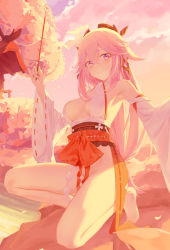 Rule 34 | 1girl, absurdres, armpits, bare shoulders, barefoot, blush, breasts, cleavage, cloud, cloudy sky, commentary request, detached sleeves, earrings, genshin impact, hair between eyes, hair ornament, highres, holding, holding wand, japanese clothes, jewelry, kimono, large breasts, long hair, looking at viewer, low-tied long hair, outdoors, pink hair, pink sky, purple eyes, red sash, sash, shirt, sidelocks, sky, sleeveless, sleeveless shirt, smile, solo, starlan, sweat, wand, wet, white shirt, white sleeves, wide sleeves, yae miko
