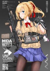 Rule 34 | 1girl, ar-15, black gloves, black pantyhose, blue skirt, breasts, chest rig, commentary, english commentary, english text, eotech, fatkewell, gloves, grey background, grid background, gun, highres, looking at viewer, magazine (weapon), medium breasts, optical sight, original, pantyhose, qr code, rifle, shirt, skirt, smile, solo, sweater, weapon, white shirt, yellow sweater