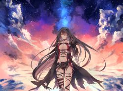 Rule 34 | 1girl, bandaged arm, bandages, belt, black hair, black neckwear, breasts, cloud, cowboy shot, expressionless, highres, houra (kareha12021), large breasts, long hair, revealing clothes, short shorts, shorts, sky, solo, tales of (series), tales of berseria, torn clothes, underboob, velvet crowe, yellow eyes