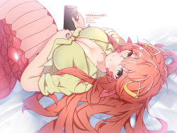 Rule 34 | 1girl, blush, breasts, cellphone, cleavage, commentary request, commission, hair ornament, hairclip, halkawa501, holding, holding phone, lamia, large breasts, long hair, looking at viewer, miia (monster musume), monster girl, monster musume no iru nichijou, phone, pointy ears, red hair, scales, shirt, skeb commission, smartphone, smile, solo, split mouth, tied shirt