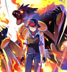 Rule 34 | 1boy, absurdres, ash ketchum, baseball cap, black vest, closed mouth, commentary request, cowboy shot, creatures (company), fiery hair, fingerless gloves, fire, frown, game freak, gen 4 pokemon, gloves, glowing, glowing eyes, hat, highres, infernape, jacket, long sleeves, male focus, monkey, nintendo, pants, pokemon, pokemon (anime), pokemon (creature), pokemon dppt (anime), red hat, shirt, short hair, short sleeves, tuze111, vest, white shirt