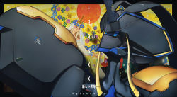 Rule 34 | 10s, black sclera, black skin, blue eyes, character name, closed mouth, colored sclera, colored skin, copyright name, darling in the franxx, highres, horns, looking up, mecha, murasaki saki, no humans, robot, single horn, spoilers, strelizia, the beast and the prince