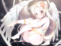 Rule 34 | 1girl, angel, angel wings, bare shoulders, blonde hair, blurry, blurry foreground, blush, breasts, choker, closed mouth, commission, double bun, eyebrows hidden by hair, feet, flower, forehead, full body, hair bun, hair flower, hair ornament, knees up, long hair, looking at viewer, original, parted bangs, sen light, sideboob, sitting, solo, sparkle, thigh strap, thighs, toes, wings
