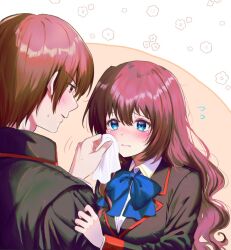 Rule 34 | 1boy, 1girl, a-chan senpai, blue bow, blue eyes, blush, bow, brown hair, close-up, closed mouth, eyelashes, flying sweatdrops, hair between eyes, handkerchief, hetero, holding, holding handkerchief, jacket, light brown background, lips, little busters!, little busters! school uniform, long hair, miiizuno lbs, natsume kyousuke, nose blush, red eyes, school uniform, short hair, shy, simple background