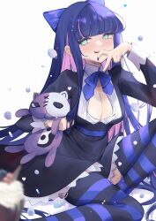 Rule 34 | 1girl, anntan, blue bow, blue bowtie, blue eyes, blue hair, blunt bangs, blush, bow, bowtie, breasts, cleavage, colored inner hair, gothic lolita, hair bow, highres, holding, holding stuffed toy, knee up, lolita fashion, long hair, looking at viewer, medium breasts, multicolored hair, nail polish, panty &amp; stocking with garterbelt, smile, solo, stocking (psg), striped clothes, striped thighhighs, stuffed animal, stuffed cat, stuffed toy, thighhighs, two-tone hair, white background