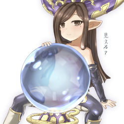 Rule 34 | 1girl, artist request, arulumaya, breasts, brown eyes, brown hair, censored, crystal ball, detached sleeves, eyebrows, fake horns, granblue fantasy, hair ornament, harvin, highres, horns, long hair, looking at viewer, matching hair/eyes, mole, mole under eye, pointy ears, see-through, small breasts, smile, solo, thighhighs, translation request