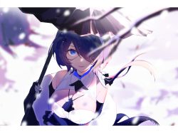 Rule 34 | 1girl, arknights, bare shoulders, black gloves, blue eyes, blurry, blurry background, blurry foreground, breasts, cleavage, cleavage cutout, closed mouth, clothing cutout, commentary request, detached sleeves, dress, eyepatch, feather boa, fingerless gloves, fui (fui29493452), gloves, hair over one eye, hands up, highres, holding, holding umbrella, jewelry, large breasts, light smile, looking at viewer, medical eyepatch, necklace, official alternate costume, one eye covered, purple umbrella, short hair, sleeveless, sleeveless dress, snowing, solo, umbrella, upper body, whisperain (arknights), whisperain (tremble cold) (arknights), white dress