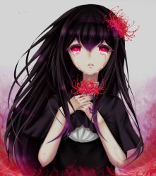 Rule 34 | 10s, 1girl, akemi homura, akemi homura (black dress), bad id, bad pixiv id, black hair, crying, crying with eyes open, dress, flower, funeral dress, grey background, hair flower, hair ornament, hairband, hands on own chest, highres, long hair, looking at viewer, mahou shoujo madoka magica, mahou shoujo madoka magica: hangyaku no monogatari, nail polish, open mouth, red eyes, sheya, simple background, solo, spider lily, spoilers, tears