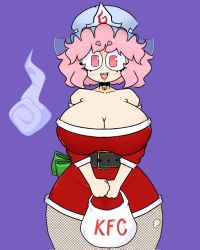 Rule 34 | breasts, chicken (food), christmas, fishnet legwear, fishnets, fried chicken, ghost, hat ornament, highres, kfc, large breasts, mature female, mccum69, open mouth, pink eyes, pink hair, saigyouji yuyuko, santa costume, self-upload, tight clothes, touhou