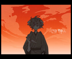 Rule 34 | 1boy, artist name, border, commentary request, copyright name, empty eyes, end roll, grey eyes, grey hair, grey kimono, highres, holding, holding knife, horns, japanese clothes, kantera (end roll), kimono, knife, long sleeves, looking at viewer, male focus, messy hair, orange sky, outdoors, sky, smile, solo, tamanoha (cookware), upper body, wings