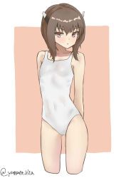 Rule 34 | 1girl, absurdres, arms behind back, brown eyes, brown hair, cropped legs, flat chest, headgear, highres, kantai collection, one-hour drawing challenge, one-piece swimsuit, short hair, short hair with long locks, solo, standing, swimsuit, taihou (kancolle), twitter username, two-tone background, white one-piece swimsuit, yamano rita