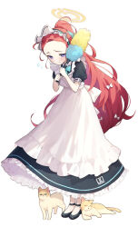 Rule 34 | 1girl, ankle strap, apron, aqua bow, aqua bowtie, black footwear, blue archive, blush, borrowed clothes, bow, bowtie, cat, dress, duster, flying sweatdrops, forehead, full body, hair bow, hakasesuitchi, halo, highres, holding, holding duster, long hair, looking at viewer, maid, maid headdress, mary janes, petticoat, pinafore dress, ponytail, puffy short sleeves, puffy sleeves, purple eyes, red hair, shoes, short sleeves, simple background, sleeveless, sleeveless dress, solo, very long hair, white apron, white background, yuzu (blue archive), yuzu (maid) (blue archive)