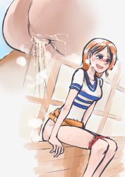 Rule 34 | 1girl, absurdres, ass, biku, blue shirt, blush, boat, breasts, breath, brown eyes, brown hair, clothes lift, cloud, from below, highres, large breasts, long hair, looking up, nami (one piece), one piece, orange skirt, panties, panty pull, peeing, pussy, red panties, shirt, short sleeves, sitting, skirt, skirt lift, sky, smile, steam, striped clothes, striped shirt, sweat, uncensored, underwear, watercraft, white shirt