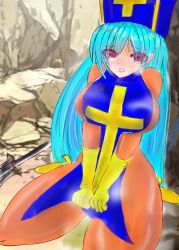 Rule 34 | 1girl, blue hair, blue hat, blue tabard, blush, bodysuit, breasts, brown bodysuit, brown eyes, cross, dragon quest, dragon quest iii, embarrassed, gloves, hat, high heels, highres, hikawa atsumi, large breasts, long hair, looking at viewer, open mouth, peeing, peeing self, priest (dq3), puddle, shoes, sitting, square enix, staff, steam, tabard, tears, yellow footwear, yellow gloves