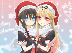 Rule 34 | 10s, 2girls, :d, :o, @ @, bad id, bad pixiv id, black gloves, blonde hair, blue eyes, braid, brown hair, christmas, commentary, female focus, fingerless gloves, gloves, gradient hair, hair flaps, hair ornament, hair ribbon, hairclip, hat, highres, holding hands, kantai collection, long hair, looking at viewer, merry christmas, mikan (artist), multicolored hair, multiple girls, neckerchief, necktie, open mouth, red eyes, remodel (kantai collection), ribbon, santa hat, scarf, school uniform, serafuku, shared clothes, shared scarf, shigure (kancolle), single braid, smile, the yuudachi-like creature, triangle mouth, white scarf, yuri, yuudachi (kancolle)
