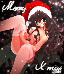 Rule 34 | 1girl, aqua eyes, breasts, brown hair, christmas, convenient censoring, convenient leg, curly hair, hair censor, hair over breasts, hat, lace, lace legwear, large breasts, merry christmas, nude, odagiri sakura, original, santa hat, solo, thighhighs, thighhighs pull, white thighhighs