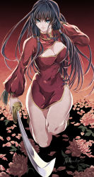 Rule 34 | 1girl, black hair, blue eyes, breasts, china dress, chinese clothes, cleavage, cleavage cutout, clothing cutout, dress, flower, fujino yuuki, hand in own hair, highres, holding, holding weapon, large breasts, long hair, original, red dress, short dress, smile, solo, weapon