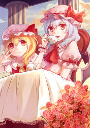 Rule 34 | 2girls, absurdres, ascot, bat wings, blonde hair, blue hair, cloud, cup, fang, flandre scarlet, flower, hat, hat ribbon, highres, looking at viewer, mao wan, mob cap, multiple girls, open mouth, pointy ears, puffy sleeves, red eyes, remilia scarlet, ribbon, rose, shirt, short hair, short sleeves, siblings, side ponytail, sisters, sitting, slit pupils, smile, table, teacup, teapot, touhou, v, vest, wings, wrist cuffs
