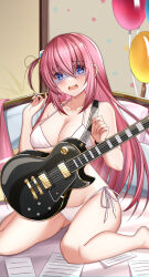 Rule 34 | 1girl, absurdres, balloon, bed, bikini, blue eyes, bocchi the rock!, breasts, chinese commentary, commentary request, cube hair ornament, electric guitar, embarrassed, flan (f l an), gibson les paul, gotoh hitori, guitar, hair between eyes, hair ornament, hair over eyes, highres, instrument, large breasts, long hair, looking at viewer, one side up, paper, pink hair, shaded face, side-tie bikini bottom, sitting, solo, swimsuit, wariza, white bikini