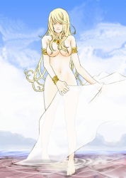 Rule 34 | 1girl, barefoot, blonde hair, bracelet, censored, convenient censoring, closed eyes, hair censor, hair over breasts, hybrid cat, jewelry, legs, long hair, lots of jewelry, nude, see-through, sophitia alexandra, soul calibur, water