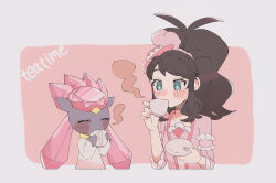 Rule 34 | 1girl, absurdres, antenna hair, blush, bright pupils, brown hair, commentary request, creatures (company), cup, diancie, dress, drinking, eyelashes, game freak, gen 6 pokemon, green eyes, hat, high ponytail, highres, hilda (pokemon), hilda (special costume) (pokemon), hime (himetya105), holding, holding cup, holding saucer, legendary pokemon, long hair, looking down, mini hat, mythical pokemon, nintendo, official alternate costume, pink background, pink dress, pink hat, pokemon, pokemon (creature), pokemon masters ex, saucer, sidelocks, sleeves past elbows, steam, white pupils