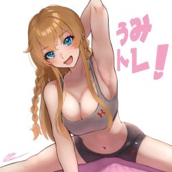 Rule 34 | 1girl, arm behind head, armpits, bike shorts, blonde hair, blue eyes, breasts, c (theta), cleavage, crop top, hair between eyes, large breasts, navel, open mouth, original, sitting, smile, solo, spread legs, stretching, white background, wide spread legs