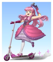 Rule 34 | 1girl, :d, absurdres, blue eyes, border, dress, footwear bow, full body, gloves, hat tip, highres, kick scooter, long hair, mary janes, medium dress, open mouth, outside border, pantyhose, pink dress, pink footwear, pink gloves, pink hair, princess, princess (terraria), shoes, smile, solo, standing, standing on one leg, suweeka, teeth, terraria, tiara, white border, white pantyhose
