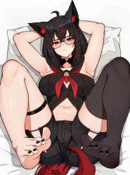 Rule 34 | 1girl, ahoge, animal ear fluff, animal ears, arms up, bare arms, barefoot, bed sheet, black hair, black shirt, black shorts, blush, braid, breasts, cameltoe, closed mouth, ear piercing, fox ears, fox tail, frown, glasses, highres, hololive, kurokami fubuki, large breasts, looking at viewer, lying, nail polish, navel, neckerchief, no shoes, on back, on bed, piercing, pillow, red eyes, red neckerchief, shirt, short shorts, shorts, single braid, single thighhigh, solo, tail, thighhighs, toenail polish, toenails, varniskarnis, virtual youtuber