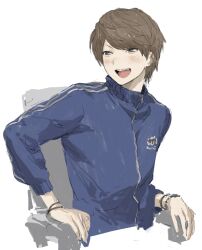 Rule 34 | 1boy, black eyes, blue jacket, bracelet, brown hair, chair, commentary request, jacket, jewelry, jiz (pffbq), kiyo (youtuber), male focus, open mouth, real life, short hair, simple background, sitting, solo, upper body, white background