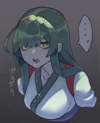 Rule 34 | ..., 1girl, ahoge, bags under eyes, breasts, collarbone, colored skin, commentary, cropped torso, drooling, expressionless, green hair, green hairband, grey background, grey skin, hair over one eye, hairband, highres, japanese clothes, kimono, long hair, looking at viewer, medium breasts, obi, open mouth, sash, sidelocks, solo, spoken ellipsis, tasuki, toriniku29, touhoku zunko, voiceroid, white kimono, yellow eyes, zombie
