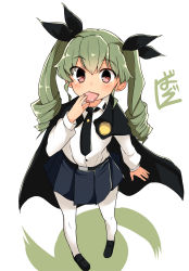 Rule 34 | 10s, 1girl, anchovy (girls und panzer), anzio school uniform, barashiya, belt, black belt, black cape, black footwear, black necktie, black ribbon, blue skirt, cape, collared shirt, dress shirt, drill hair, eating, food, food in mouth, girls und panzer, green hair, hair between eyes, hair ribbon, highres, holding, holding food, loafers, long hair, long sleeves, necktie, pantyhose, pleated skirt, red eyes, ribbon, school uniform, shirt, shoes, signature, skirt, solo, standing, twin drills, twintails, white background, white pantyhose, white shirt