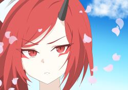 Rule 34 | absurdres, blue archive, bow, close-up, eyeliner, eyeshadow, high ponytail, highres, horns, kinako (mjyn5272), long hair, looking at viewer, makeup, petals, ponytail, red eyeliner, red eyes, red eyeshadow, red hair, renge (blue archive), single horn, sky, spiked hair, upper body, white bow